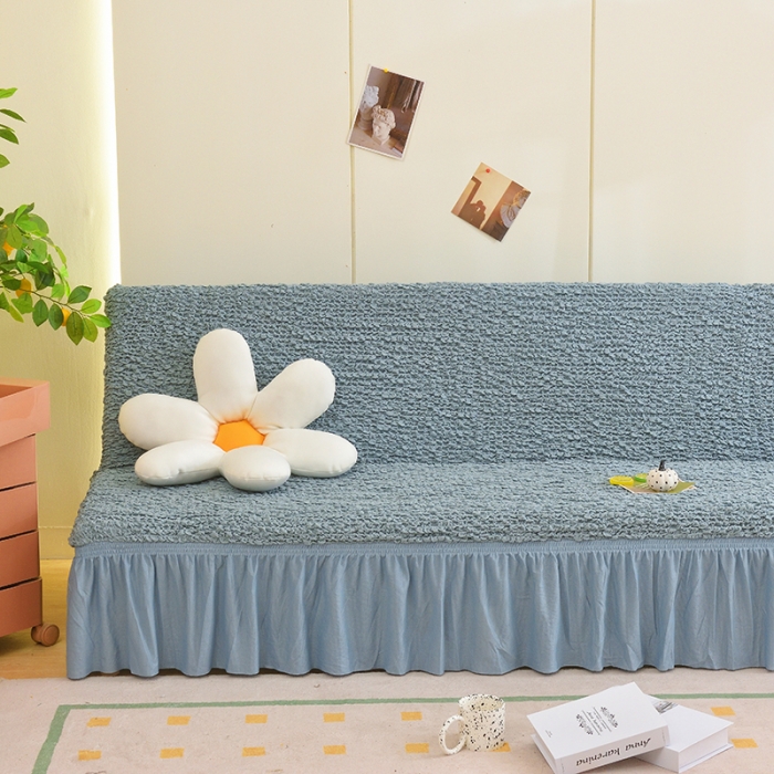 91家纺网 家纺一手货源 找家纺 启博家纺 2023新款高端日式皱皱布奶油云纱裙边沙发床套 湖蓝