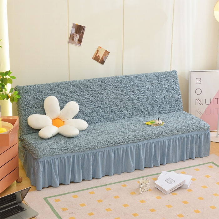 91家纺网 家纺一手货源 找家纺 启博家纺 2023新款高端日式皱皱布奶油云纱裙边沙发床套 湖蓝