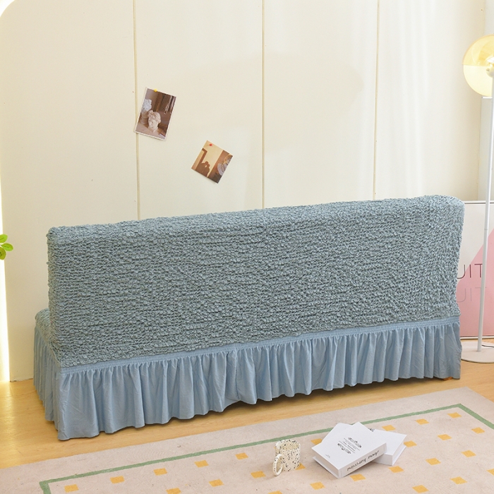 91家纺网 家纺一手货源 找家纺 启博家纺 2023新款高端日式皱皱布奶油云纱裙边沙发床套 湖蓝