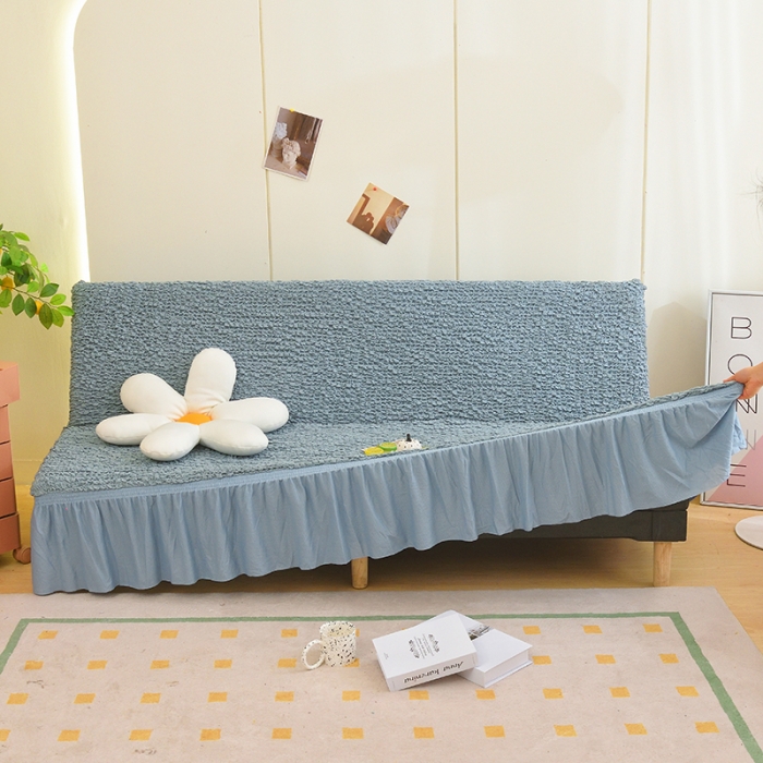 91家纺网 家纺一手货源 找家纺 启博家纺 2023新款高端日式皱皱布奶油云纱裙边沙发床套 湖蓝