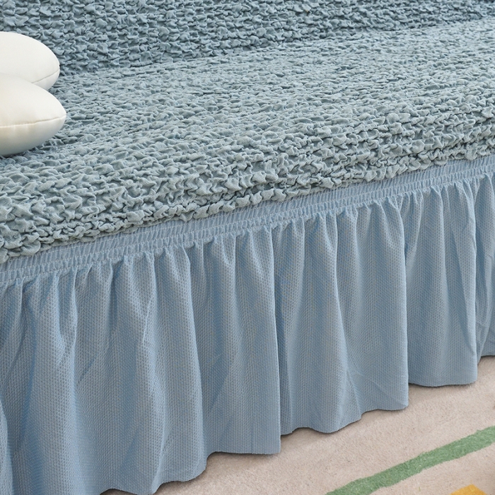 91家纺网 家纺一手货源 找家纺 启博家纺 2023新款高端日式皱皱布奶油云纱裙边沙发床套 湖蓝