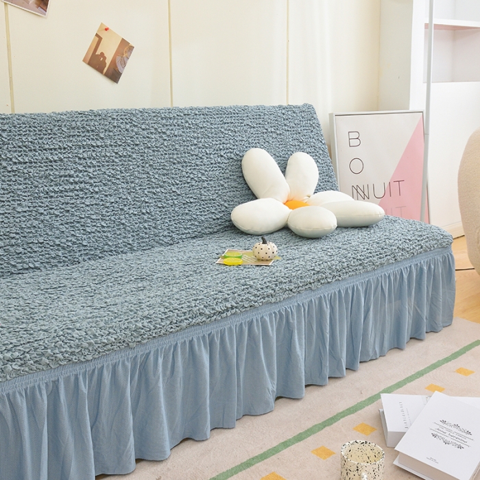 91家纺网 家纺一手货源 找家纺 启博家纺 2023新款高端日式皱皱布奶油云纱裙边沙发床套 湖蓝