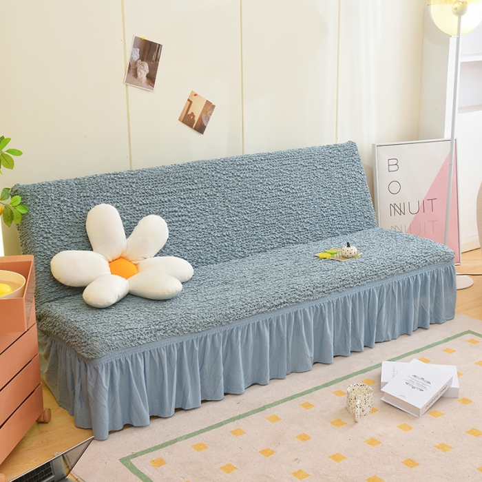 91家纺网 家纺一手货源 找家纺 启博家纺 2023新款高端日式皱皱布奶油云纱裙边沙发床套 湖蓝