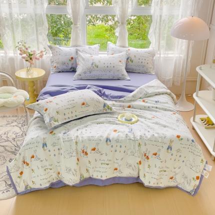 91家纺网 家纺一手货源 找家纺 芯贝儿 2023新款 水洗m麻双层纱小清新夏被四件套小兔多尼