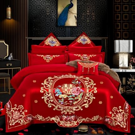 91家纺网 家纺一手货源 找家纺 2025新款全棉刺绣婚庆四件套绣花结婚长绒棉多件套镜中花