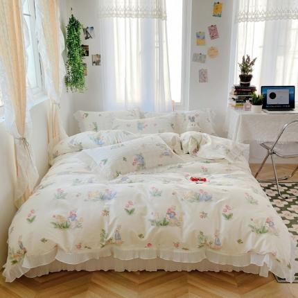 91家纺网 家纺一手货源 找家纺 添越 2024小清新韩版蕾丝花边纯棉夹棉床盖三件套全棉丛林小兔