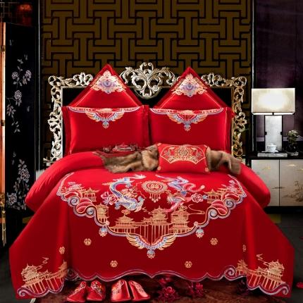 91家纺网 家纺一手货源 找家纺 2025新款全棉刺绣婚庆四件套绣花结婚长绒棉多件套龙锦凤喜