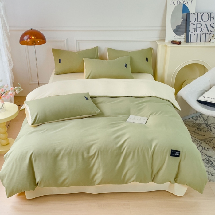 91家纺网 家纺一手货源 找家纺 米瑞娜 2024新款 水洗棉麻双拼纯色四件套 抹茶+奶油