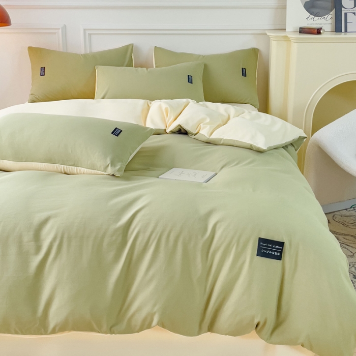 91家纺网 家纺一手货源 找家纺 米瑞娜 2024新款 水洗棉麻双拼纯色四件套 抹茶+奶油