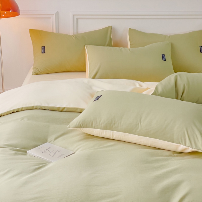 91家纺网 家纺一手货源 找家纺 米瑞娜 2024新款 水洗棉麻双拼纯色四件套 抹茶+奶油