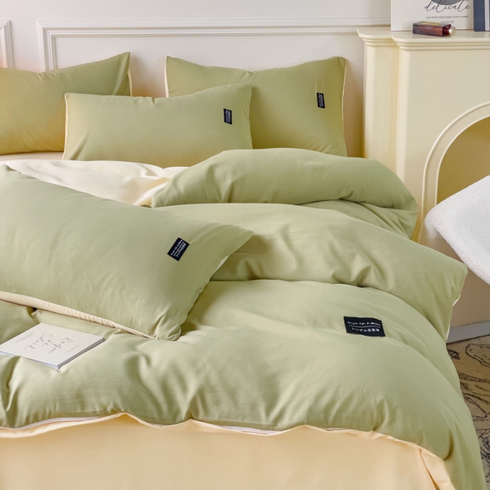 91家纺网 家纺一手货源 找家纺 米瑞娜 2024新款 水洗棉麻双拼纯色四件套 抹茶+奶油