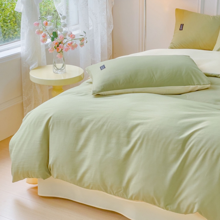 91家纺网 家纺一手货源 找家纺 米瑞娜 2024新款 水洗棉麻双拼纯色四件套 抹茶+奶油