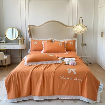 91家纺网 家纺一手货源 找家纺 伊人居2024新款玫瑰花蝶刺绣水洗真丝夏被四件套玫瑰花碟艾玛橙