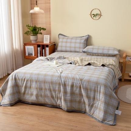 上喜 热卖色织全棉水洗棉格纹款床盖三件套多功能被子四件套 春野灰