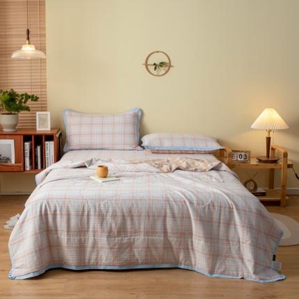 上喜 热卖色织全棉水洗棉格纹款床盖三件套多功能被子四件套 春野桔