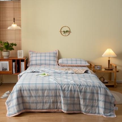 上喜 热卖色织全棉水洗棉格纹款床盖三件套多功能被子四件套 春野兰粉