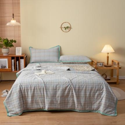上喜 热卖色织全棉水洗棉格纹款床盖三件套多功能被子四件套 春野绿