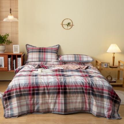 上喜 热卖色织全棉水洗棉格纹款床盖三件套多功能被子四件套 摩卡