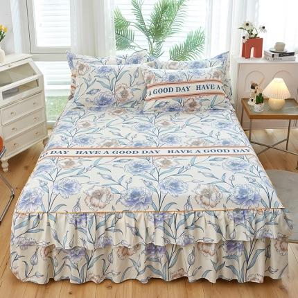 91家纺网 家纺一手货源 找家纺 爱一个家 2023新款芦荟棉双边时尚床裙四件套蓝色妖姬