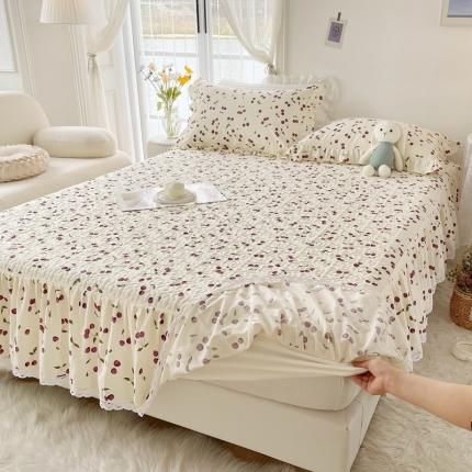 忘忧草  2023新款13372全棉夹棉床笠式床裙纯棉 樱桃季 紫