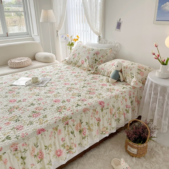 91家纺网 家纺一手货源 找家纺 忘忧草  2023新款13372全棉夹棉床笠式床裙纯棉 蜜汁-粉