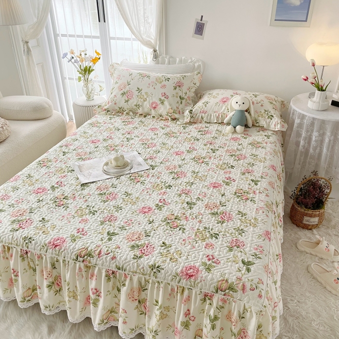 91家纺网 家纺一手货源 找家纺 忘忧草  2023新款13372全棉夹棉床笠式床裙纯棉 蜜汁-粉