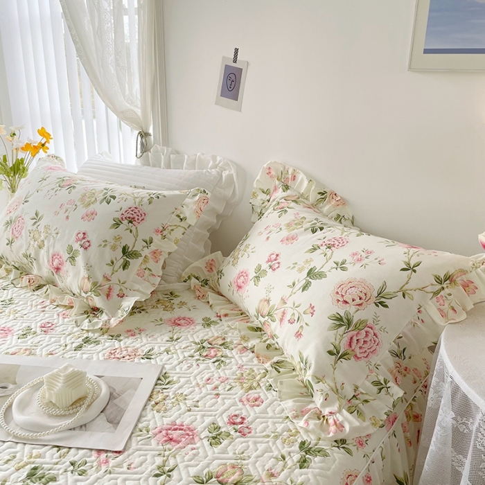 91家纺网 家纺一手货源 找家纺 忘忧草  2023新款13372全棉夹棉床笠式床裙纯棉 蜜汁-粉