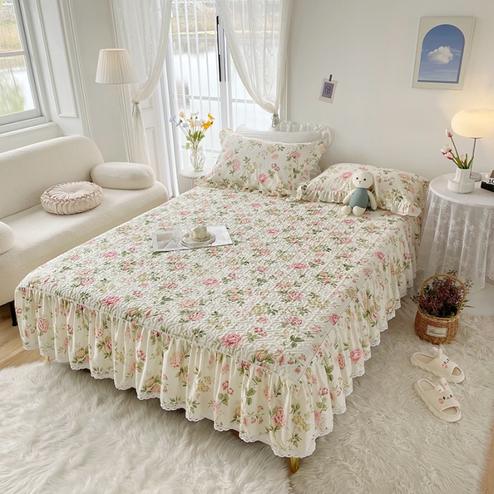 91家纺网 家纺一手货源 找家纺 忘忧草  2023新款13372全棉夹棉床笠式床裙纯棉 蜜汁-粉