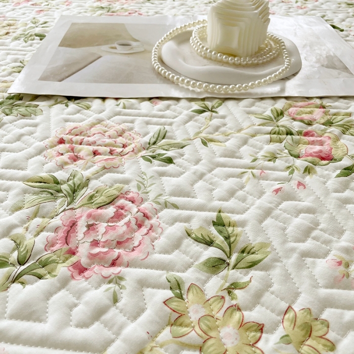 91家纺网 家纺一手货源 找家纺 忘忧草  2023新款13372全棉夹棉床笠式床裙纯棉 蜜汁-粉