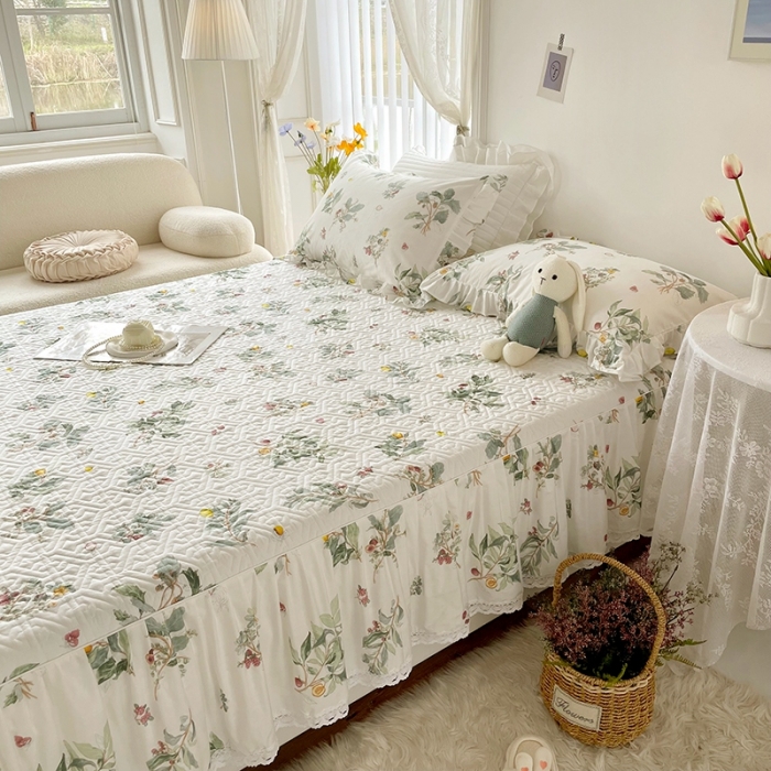 91家纺网 家纺一手货源 找家纺 忘忧草  2023新款13372全棉夹棉床笠式床裙纯棉 南枝