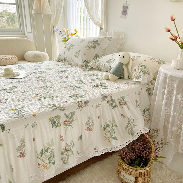 91家纺网 家纺一手货源 找家纺 忘忧草  2023新款13372全棉夹棉床笠式床裙纯棉 南枝