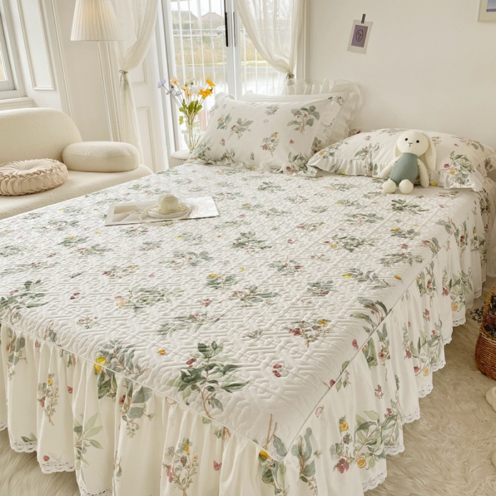 91家纺网 家纺一手货源 找家纺 忘忧草  2023新款13372全棉夹棉床笠式床裙纯棉 南枝