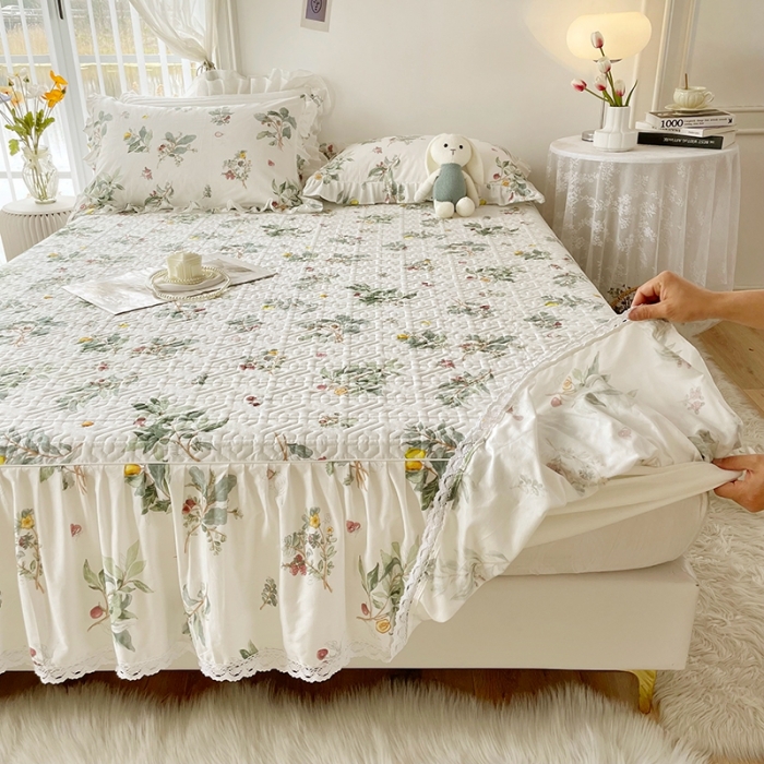 91家纺网 家纺一手货源 找家纺 忘忧草  2023新款13372全棉夹棉床笠式床裙纯棉 南枝