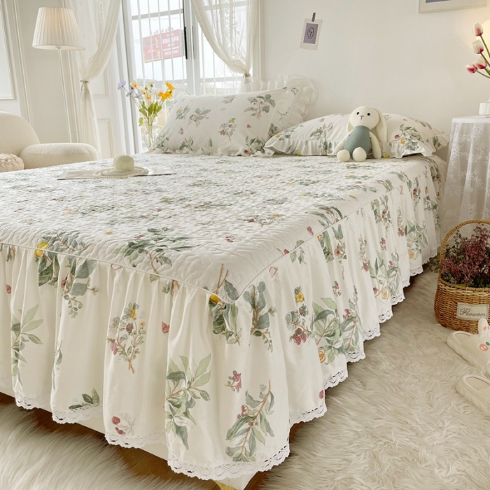 91家纺网 家纺一手货源 找家纺 忘忧草  2023新款13372全棉夹棉床笠式床裙纯棉 南枝