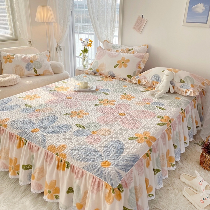 91家纺网 家纺一手货源 找家纺 忘忧草  2023新款13372全棉夹棉床笠式床裙纯棉 秋洛