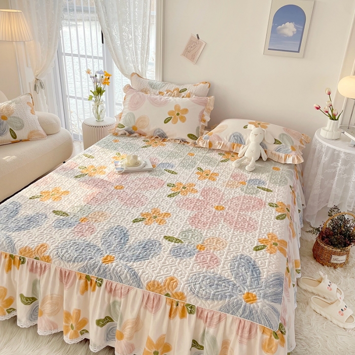 91家纺网 家纺一手货源 找家纺 忘忧草  2023新款13372全棉夹棉床笠式床裙纯棉 秋洛