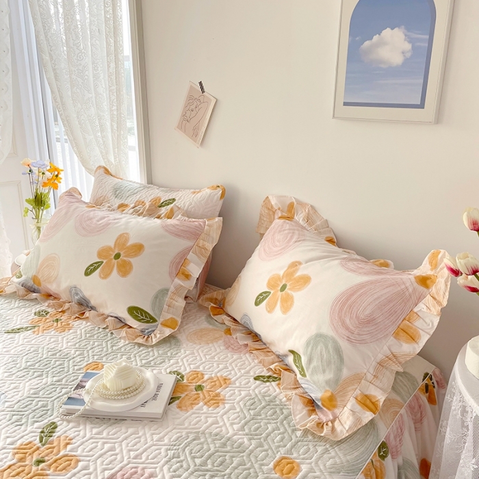 91家纺网 家纺一手货源 找家纺 忘忧草  2023新款13372全棉夹棉床笠式床裙纯棉 秋洛