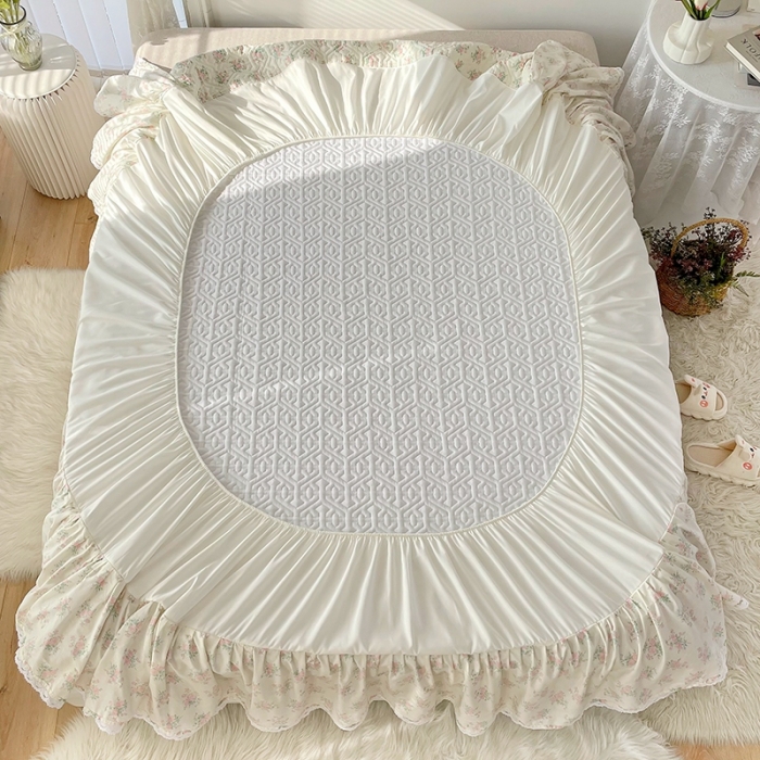 91家纺网 家纺一手货源 找家纺 忘忧草  2023新款13372全棉夹棉床笠式床裙纯棉 少女心