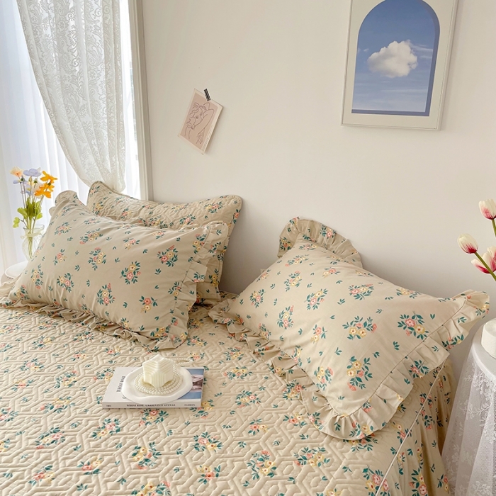 91家纺网 家纺一手货源 找家纺 忘忧草  2023新款13372全棉夹棉床笠式床裙纯棉 夏遇-棕