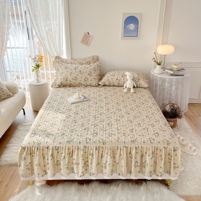 91家纺网 家纺一手货源 找家纺 忘忧草  2023新款13372全棉夹棉床笠式床裙纯棉 夏遇-棕