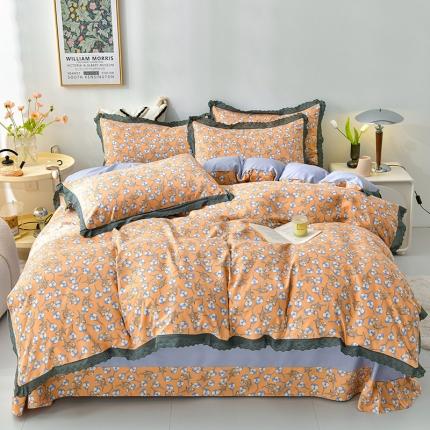 91家纺网 家纺一手货源 找家纺 皇谱 2024新款A类臻柔棉复古印花四件套 木棉花-橘