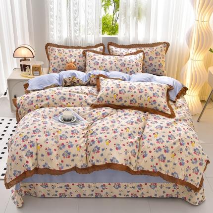 91家纺网 家纺一手货源 找家纺 皇谱 2024新款A类臻柔棉复古印花四件套 草莓女孩-咖