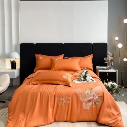 91家纺网 家纺一手货源 找家纺 伊人居 2024新款轻奢系列刺绣水洗真丝夏被四件套 蝶恋花-艾玛橙