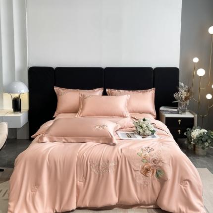 91家纺网 家纺一手货源 找家纺 伊人居 2024新款轻奢系列刺绣水洗真丝夏被四件套 蝶恋花-温柔粉