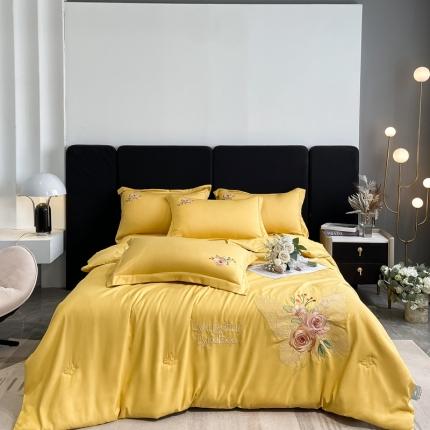 伊人居 2024新款轻奢系列刺绣水洗真丝夏被四件套 蝶恋花-优雅黄