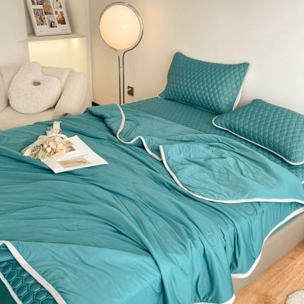 91家纺网 家纺一手货源 找家纺 欧邦  新款纯色凉感丝乳胶床笠款夏被四件套墨绿