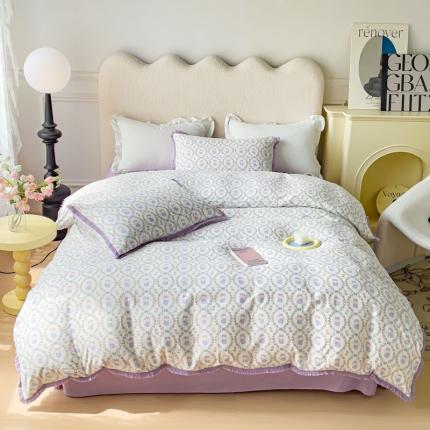 91家纺网 家纺一手货源 找家纺 田野 2023新款全棉A类流苏边双层纱四件套 花环兔-紫