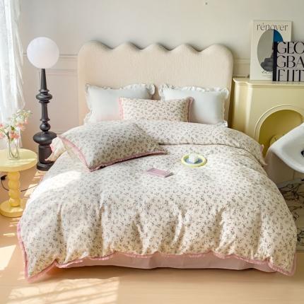 91家纺网 家纺一手货源 找家纺 田野 2023新款全棉A类流苏边双层纱四件套 浅汐