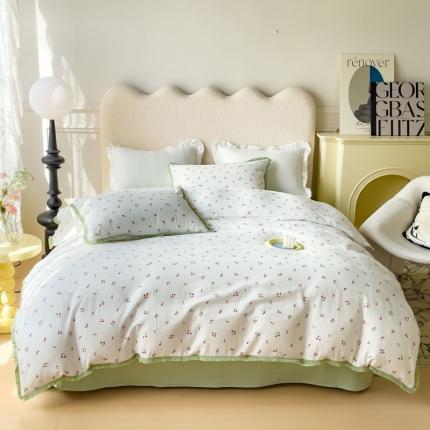 91家纺网 家纺一手货源 找家纺 田野 2023新款全棉A类流苏边双层纱四件套 小樱桃