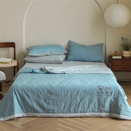 91家纺网 家纺一手货源 找家纺 北欧良品 2023新款大豆55%-40S水洗提花夏被 雾蓝+本灰
